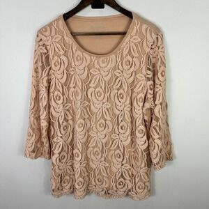 Chicos‎ 3 Blush Pink Lace Top Romantic Floral Overlay Boho Feminine Resort Soft